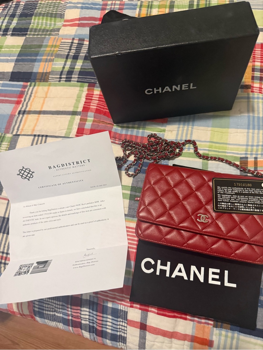 CHANEL Quilted Leather Chain Card Holder Wallet in Burgundy Red